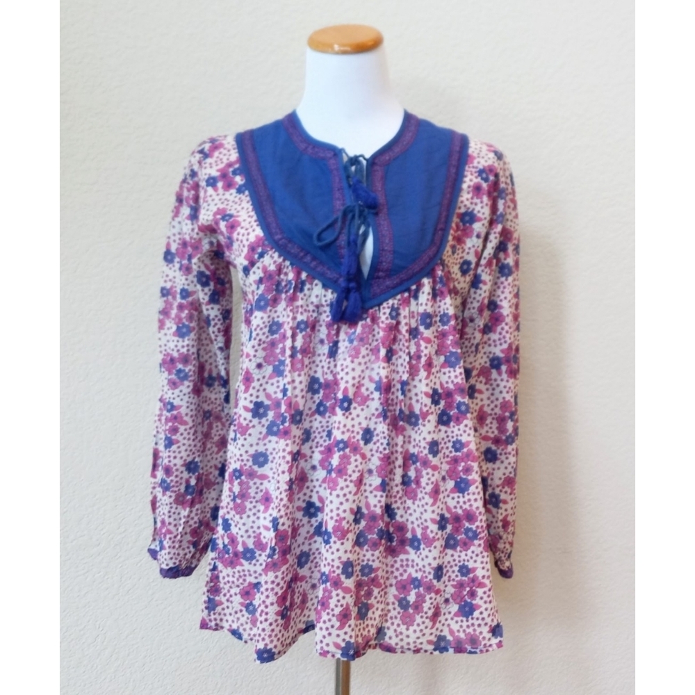 Blue Boheme floral cotton tassle tunic blouse